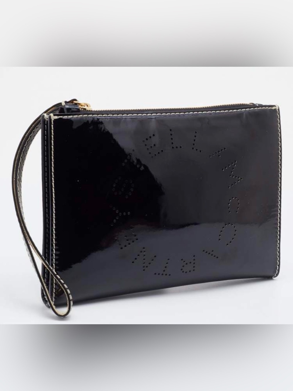 ✨ STELLA MCCARTNEY Patent Leather Perforated Logo Pouch Wristlet Clutch Bag